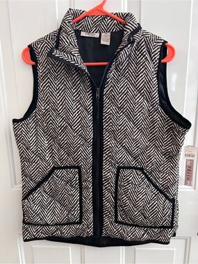 Khaki Herringbone Pattern Full Zip Pockets Poly Fresh Vest Women Med Black NWT